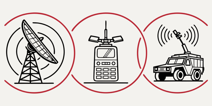 Communication technology icons set featuring satellite dish handheld transceiver mobile military radar vehicle communication technology satellite transceiver military broadcast
