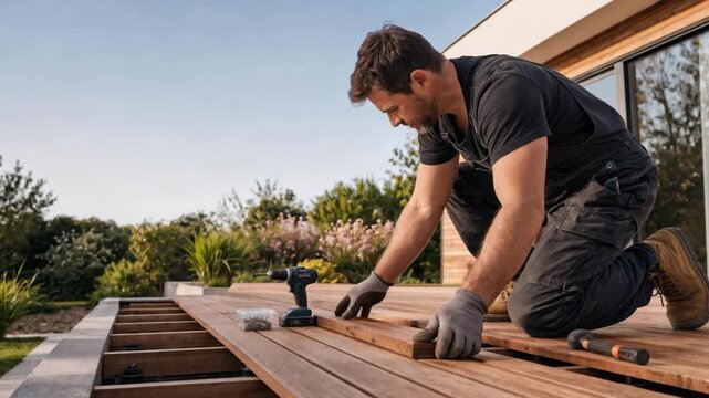Carpenter working on wooden terrace with tools outdoors, construction and craftsmanship concept, home improvement.