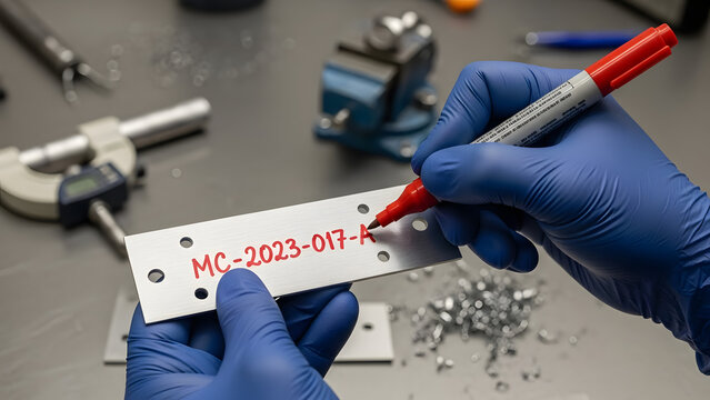 A technician wearing blue nitrile gloves uses a red marker to label a machined metal plate in a workshop setting.