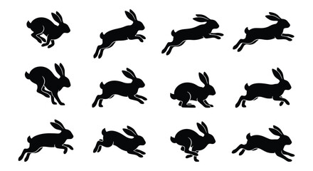 Black rabbit silhouette animation sequence, set of 12 jumping hare icons, running bunny vector sprites for motion graphics and nature design © Suman