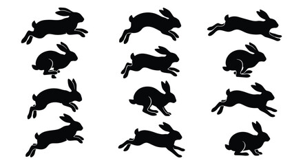 Running rabbit silhouette collection, 12 jumping hare vector icons, black bunny movement sequence for wildlife design and nature logos © Suman