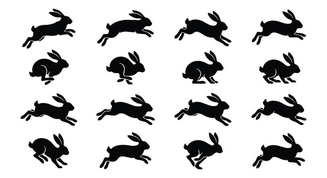 Black rabbit silhouette collection, set of 16 jumping hare icons, running bunny vector graphics, minimalist animal shapes for nature design
