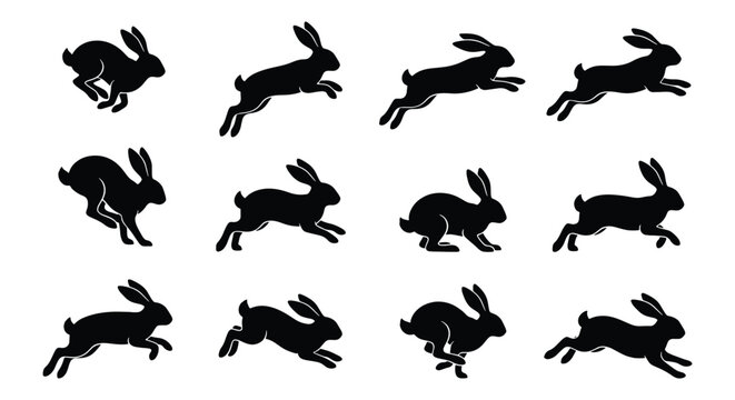 Black rabbit silhouette animation sequence, set of 12 jumping hare icons, running bunny vector sprites for motion graphics and nature design