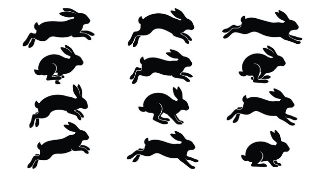 Running rabbit silhouette collection, 12 jumping hare vector icons, black bunny movement sequence for wildlife design and nature logos