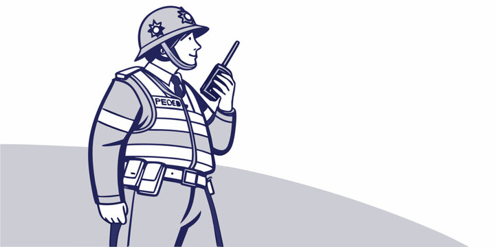 Illustration of a police officer in uniform talking on a portable two-way radio device with walkie talkie communication authority security policeman enforcement official profession