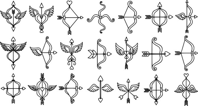 Set of Black and White Line Art Cupid Bow and Arrow Icons with Hearts and Wings for Love, Romance, and Valentine's Day Designs