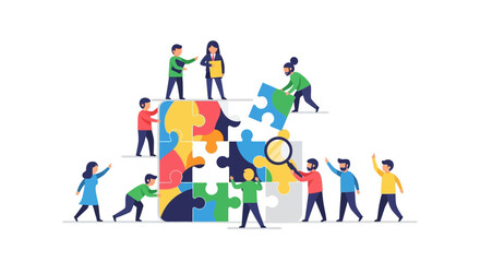 Fototapeta premium Teamwork and collaboration concept illustration with people assembling a colorful jigsaw puzzle, symbolizing problem solving and strategic planning in business
