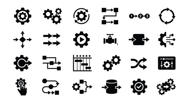 Industrial automation and workflow icons set, 24 black vector symbols for manufacturing process, engineering gears and data management graphics