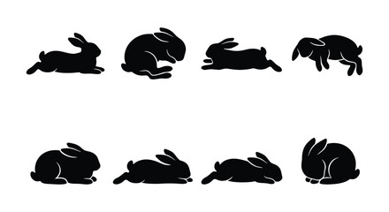 Black rabbit silhouette icons set, minimalist bunny animal shapes in various poses, vector collection of 8 jumping and sitting hares © Suman