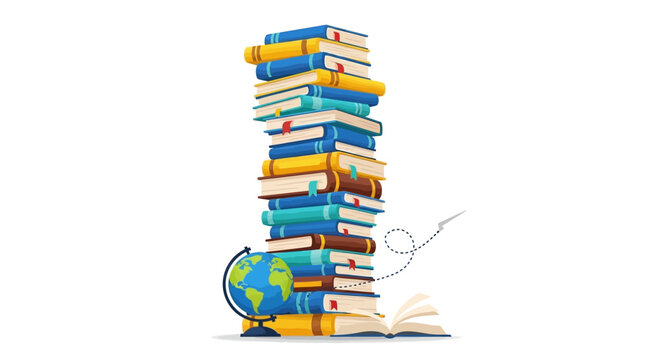 A tall stack of colorful books with a globe and plane