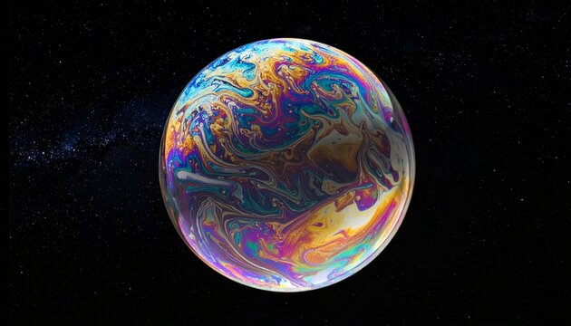 Extreme macro photo of a single soap bubble sphere showing iridescent colorful swirl pattern in dark space