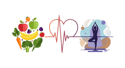 Fototapeta premium Healthy Lifestyle: Balanced Diet, Yoga, and Heartbeat Symbol