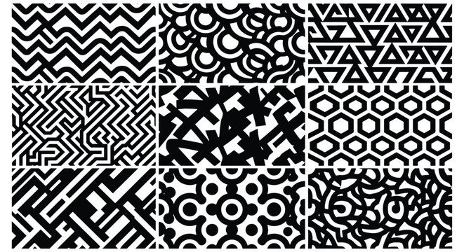 Geometric seamless pattern collection, black and white abstract textures, 9 vector backgrounds with zigzags, circles and triangles for textile design