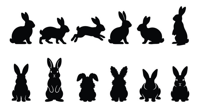 Rabbit silhouette collection, set of 12 black bunny vector icons, jumping and sitting hare shapes, minimalist animal silhouettes for Easter design
