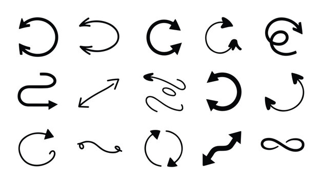 Diverse collection of black arrow icons with rounded lines, for modern graphic design.