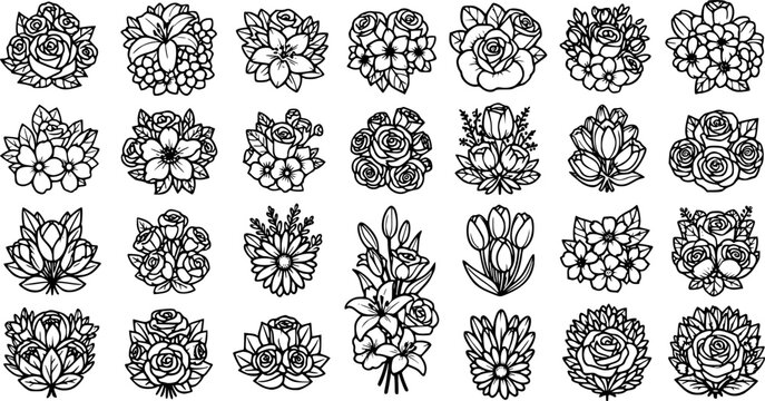 Black and White Line Art Flower Bouquets Vector Set - Floral Design Elements