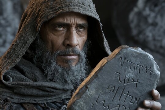 Serious elder man with gray beard and hood holding ancient stone slab old man stone tablet