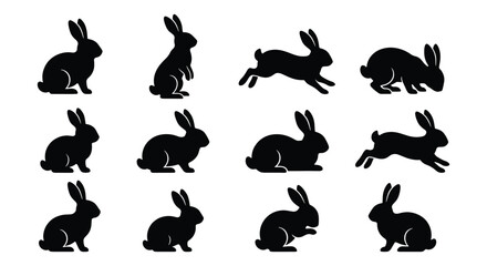 Rabbit silhouette vector set, black bunny icons in various poses, 12 jumping and sitting hare elements for Easter and nature design © Suman