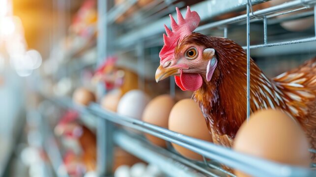 Automated poultry farming systems. Caged layer hens in a modern facility. Egg production efficiency, industrial processes, and sustainable agriculture practices for high-scale farming solutions.