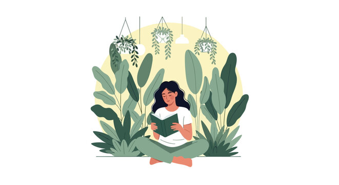 World Book Day Concept Featuring a Peaceful Reader Among Plants Isolated on White