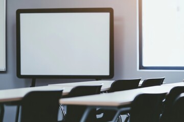 Fototapeta premium Classroom interior with empty desks and chairs arranged in rows facing a large blank whiteboard, illuminated by natural light from a nearby window creating a bright learning environment