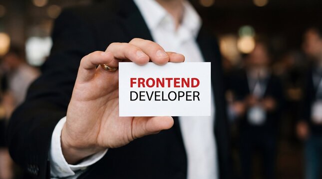 A man in a business suit holding a card that reads Frontend Developer