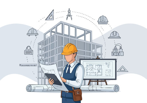 Architectural Design Process. Construction Planning. Blueprint Engineering. Building Project.