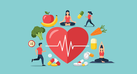 Fototapeta premium Healthy Lifestyle Concept: Heart, Fitness, Nutrition, Yoga, Medicine, and Active People