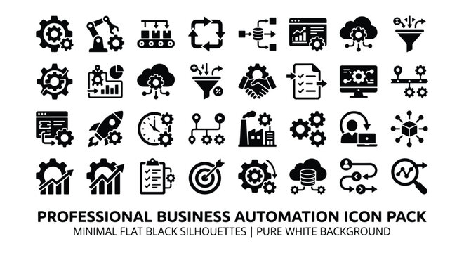 Professional business automation icon pack, minimal flat black silhouettes, industrial workflow and digital process management vector set