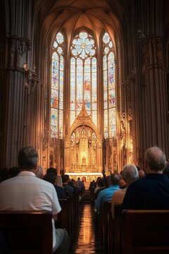 Interior of ornate cathedral with tall stained glass windows and golden altar, congregation seated in pews, warm light creating a reverent, contemplative atmosphere