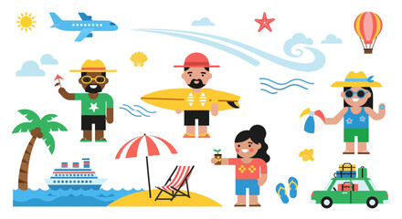 Obraz premium Vibrant flat design vector collection showcasing a variety of summer holiday activities, beach vacations, and global travel adventures with diverse characters