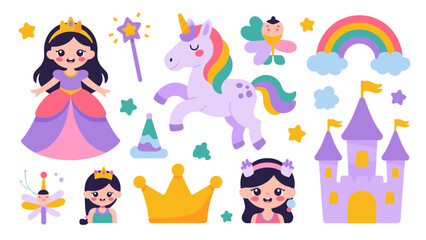 Fototapeta premium Cute Princess and Unicorn Fairytale Vector Set Magical Fantasy Character Collection
