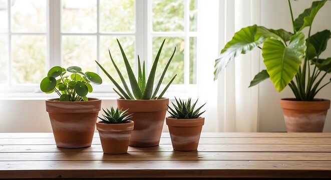 A collection of various indoor potted plants including a pilea peperomioides, an aloe vera, and two small succulents arranged on a rustic wooden table in front of a bright window