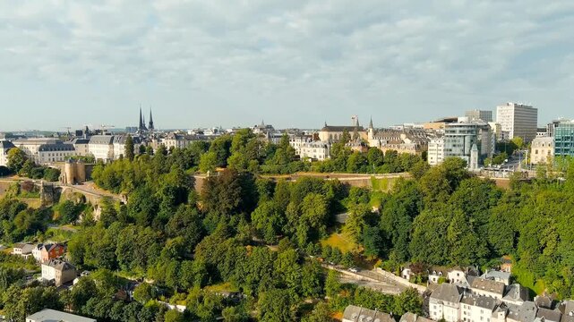 Luxembourg City, Luxembourg. Panoramic view of the historical part of Luxembourg city. The city is located in a deep valley of two rivers - Alzette and Petrus. Drone footage