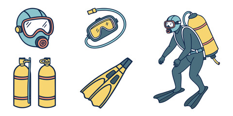 Scuba diving equipment set with diver and underwater gear icons equipment underwater swimming adventure activity illustration isolated collection professional recreation training © Rabbi