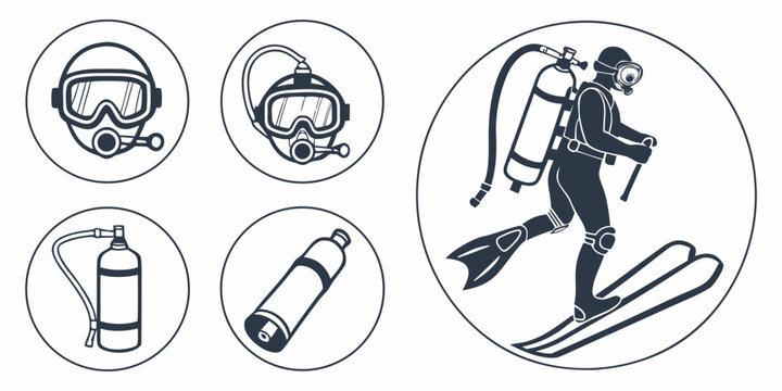 Monochrome scuba diving gear and diver silhouette in circular icons with equipment underwater monochrome swimming adventure activity silhouette illustration isolated collection