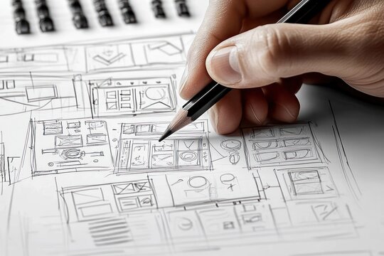 close-up of a hand sketching website and app layout wireframes on paper, focused creative planning and prototyping