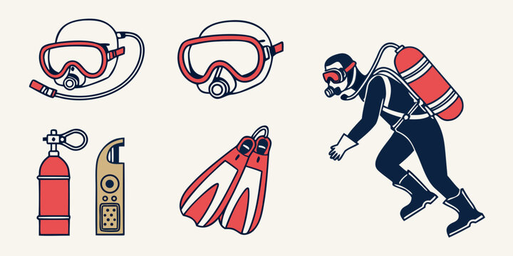 Red scuba diving equipment icons set and diver character with equipment underwater recreation adventure nautical illustration collection isolated activity exploration professional