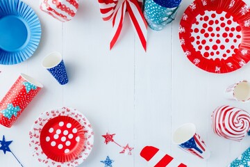Obraz premium USA patriotic background. Red, white, and blue disposable party supplies, featuring plates, cups, and decorative elements suitable for celebrations Independence Day or Memorial Day. mockup