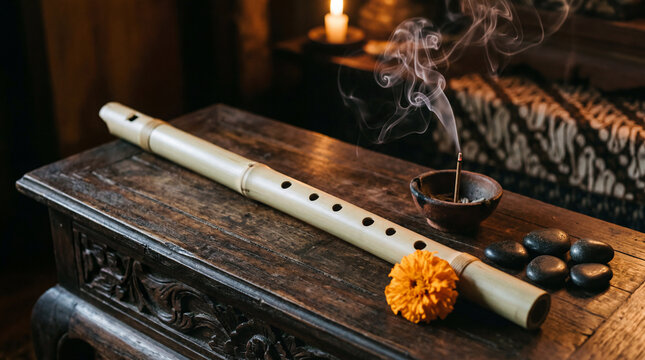 Suling bamboo flute with incense smoke curling in candlelight beside marigold. Balinese spiritual heritage. No logo. No release.