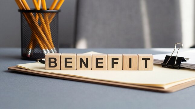 Wooden blocks spelling benefit on a notebook with office supplies