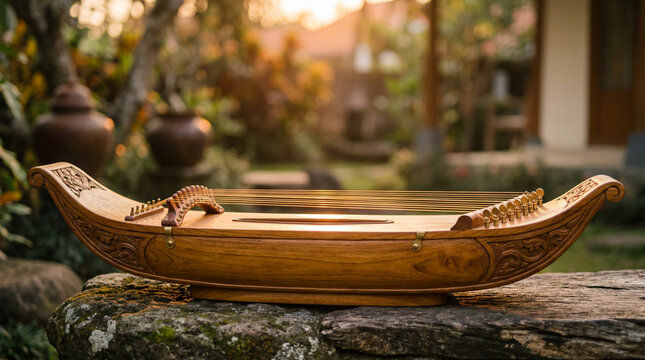Kacapi boat-shaped zither with metal strings glowing in golden hour light. West Java Sundanese heritage. No logo. No release.