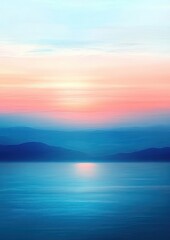 Fototapeta premium Calm pastel sunrise over layered blue mountains and reflective sea, tranquil dreamy atmosphere