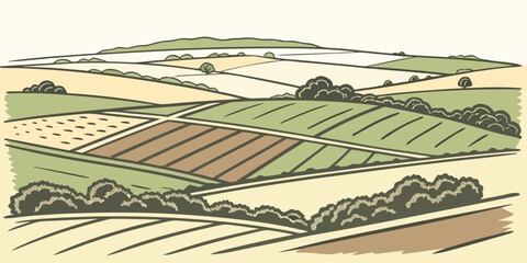 Stylized agricultural field pattern landscape illustration with landscape farmland agriculture cultivation countryside illustration background panoramic vegetation textured planting © Rabbi