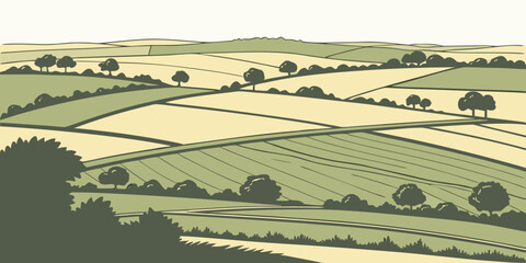 Stylized rolling agricultural landscape with fields and trees illustration landscape agriculture farmland countryside environment grassland illustration textured minimalist background © Rabbi
