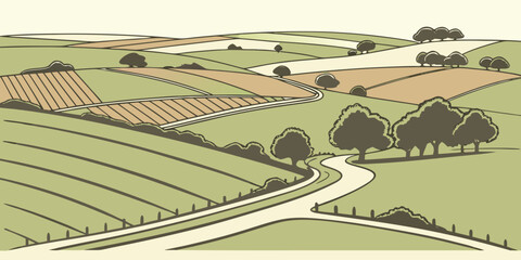 Panoramic hand drawn illustration of rural farmland with winding road landscape farmland countryside agriculture cultivated panoramic grassland illustration background vegetation © Rabbi