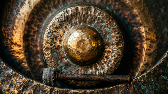 Gamelan bronze gong extreme macro &mdash; hammered boss surface with ancient patina in dramatic sidelight. Bali Java heritage. No logo.
