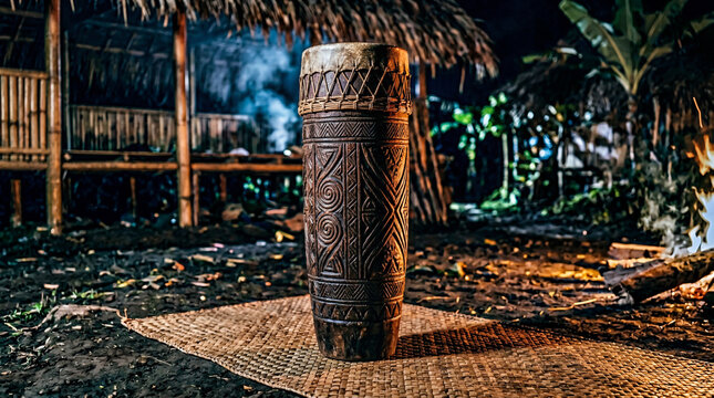 Tifa drum from Papua in flickering firelight &mdash; carved geometric patterns in shadow. Eastern Indonesia heritage. No logo. No release.