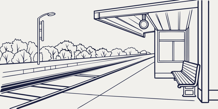 Empty railway platform with bench and lighting at a train station in line art perspective platform transportation infrastructure architecture lighting traveling perspective terminal