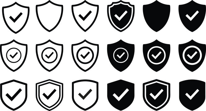 Set of universal shield icons featuring check mark symbols for security protection verified safety data privacy insurance trust and guaranteed quality control vector elements.